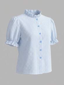Resyla Women's Summer Casual Striped Petal Sleeve Blouse - Blue - View 3