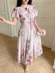 Modelyn 女款綁腰抓皺玫瑰圖案印花大裙擺洋裝 - 彩色 - 查看 7