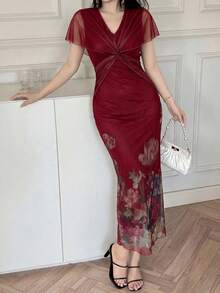 Feyla 女款花卉印花扭轉設計對比網紗修身優雅浪漫休閒長洋裝 正式約會派對酒紅色夏季婚禮 - 紅色 - 查看 2