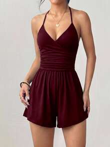 Flirla Casual Streetwear Cross Deep V-Neck Spaghetti Strap Tie-Knot Jumpsuit - Burgundy - View 4