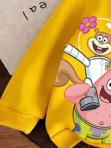 SpongeBob SquarePants | SHEIN GraphicGems 女童春/秋款連帽衛衣，亮黃色可愛卡通印花 - 黃色 - 查看 4