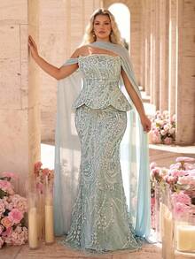 Glamrae Plus Size Elegant Classy Formal Luxurious Dusty Blue Cold Shoulder Hanging Sleeve 3D Floral Bead Sequin Lace Sexy Mermaid Evening Dress Wedding Winter - Baby Blue - View 5