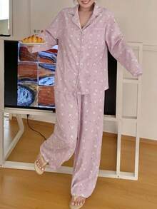 Dazy Plus Cute Rabbit Pattern All-Over Print Cardigan Long Sleeve Long Pants 2-Piece Set Spring Wear Purple Autumn Pajama Set - Purple - View 4