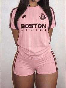 Slaydiva Women's Pink Light Pink Letter Print Short Sleeve Top And Shorts Casual Streetwear Daily 2-Piece Set Back-To-School Gym Summer - Multicolor - View 3