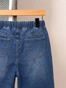 SHEIN شورت جينز فضفاض كاجوال بخصر برباط وجيوب للأولاد المراهقين - أزرق داكن - مشاهدة 5