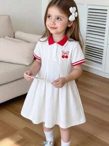 SHEIN Vestido plisado para niñas de verano versátil y lindo con cuello acanalado, puños acanalados y patrón bordado en rosa de estilo minimalista - Blanco - Ver 5