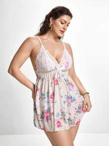 Slumbrini Plus Floral Print Contrast Lace Bow Front Cami Pajama Nightdress - Beige - View 6