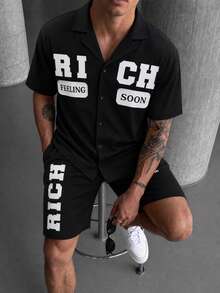 SLATEMANN Men's Letter Print Single-Breasted Short Sleeve Shirt And Shorts Casual Daily Set - Black - View 4