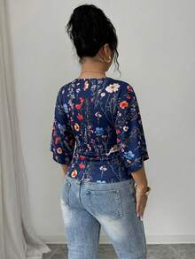 Elenzga Plus Size Elegant V-Neck Printed T-Shirt - Navy Blue - View 2