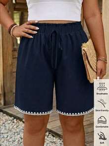 Comfylo Plus Size Women's Ruffle Hem Waist Tie Floral Trim Shorts - Navy Blue - View 1