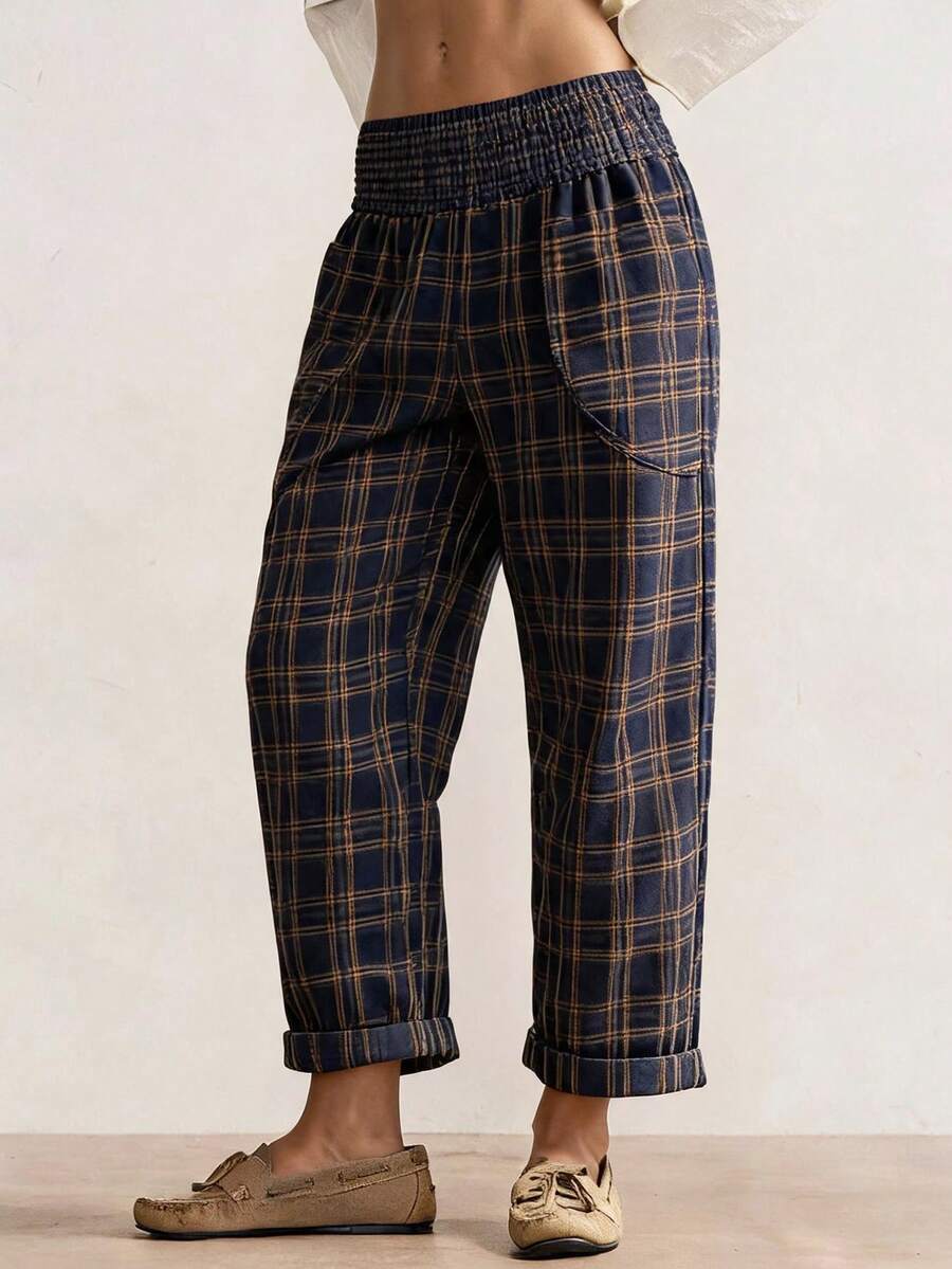 Bohemela Autumn Vacation Outfits, Women's Casual Vintage Woven Plaid Print Women's Long Pants, Daily Picnic Wear, Country Concert Outfit Navy - Multicolor - View 1
