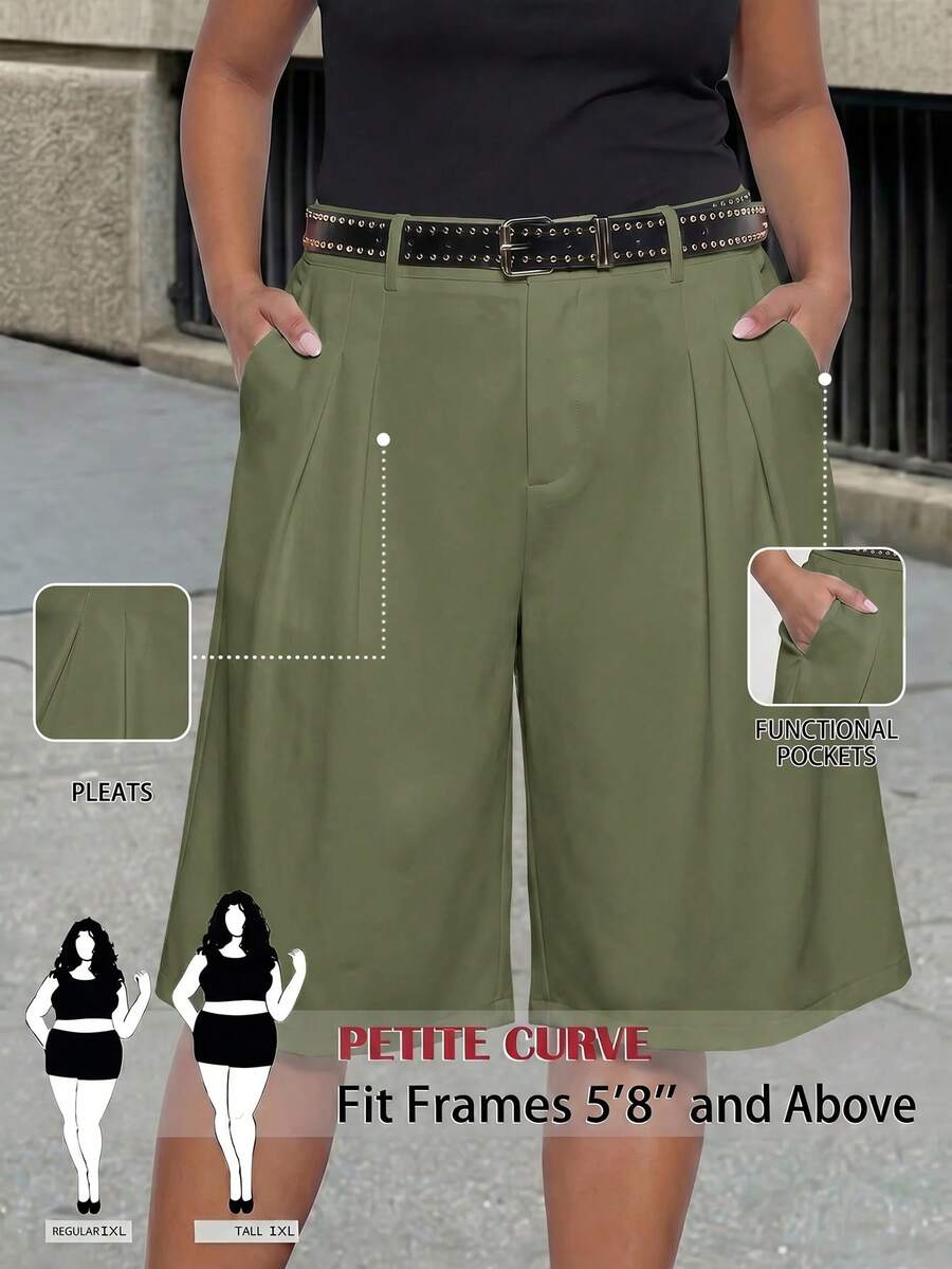 SHEIN Tall CURVE 大尺碼女款純色口袋休閒日常穿著西裝長褲 - 軍綠色 - 查看 1
