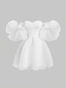 SHEIN MOD Women's Solid Color Off Shoulder Puff Sleeve Dress, Graduation Dress - White - View 2