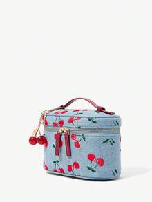 Viva Strut Ladies, Women Cherry Embroidery Cherry Pendant Top Handle Bag, Crossbody Bag, Fashionable, Personalized, Simple, Versatile, Street, Sweet And Cool Girls, Hot Girls, Y2k, For Date, Daily, Shopping, Party, Prom, Club, Date, Birthday, Evening, Date Nigh - denim blue - View 3