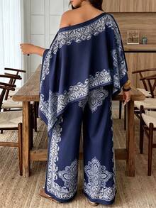 Weeklong Women's Plus Size Spring/Summer Vacation Casual Cape, One-Shoulder Shawl With Asymmetrical Hem, Paisley Print, Island Style 2-Piece Set Fall/Winter - Multicolor - View 2
