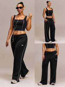 GLOWMODE 31" Plus Size SoftSerene Modal Lazy Lounge Silky-Smooth Relaxed Fit Contrast Color Sweatpants With Drawstring Waist & Side Pockets Daily Casual - Black - View 8