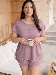 Doze Lane Casual Open Front Round Neck Button Decor Shoulder Sleeve Short Sleeve Shorts Plus Size Pajama Set - Dusty Pink - View 3