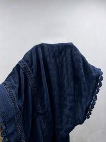 Pariaura 春夏法式黑色蕾絲飾邊上衣，V領鏤空腰部短袖紋理荷葉邊上衣 - 藏蓝色 - 查看 4