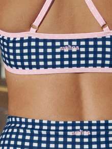 Aralina Women's Plaid Cropped Camisole And High Waisted Shorts Sports Set - Navy Blue - View 3