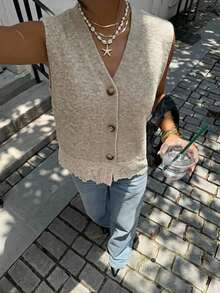 Siren Gaze Women's Solid Color V-Neck Single-Breasted Casual Versatile Daily Knit Vest - Apricot - View 5