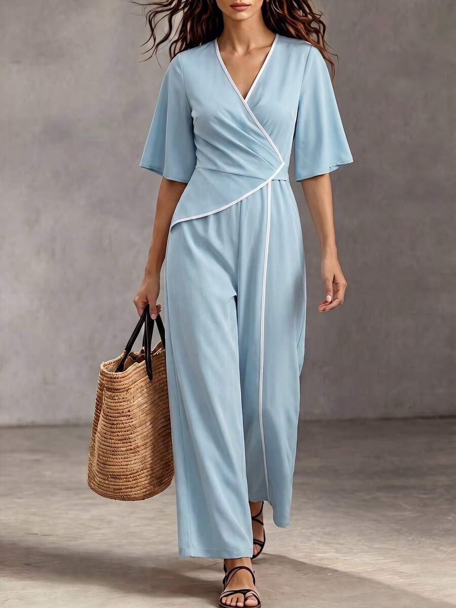 SHEIN Fiorisel 女士休闲度假约会装,荷叶边袖浅蓝色撞色白色宽松长款连体裤,春夏款 - 淺藍色 - 查看 1