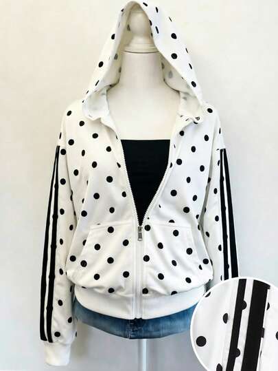 SHEIN Autumn/Winter Tween Girls Polka Dot Zip-Up Sweatshirt Jacket - Mixed Street Style, Sweatshirt Knit Fabric Suitable For Autumn/Winter, Slightly Loose Fit With Growth Room, Campus To Street Instant Transformation Into Energetic Girl!