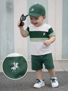 SHEIN 2pcs/Set Baby Boy Spring/Summer Casual Minimalist White, Navy Blue, Grey Colorblock Print, Horse Graphic Decoration Round Neck Short Sleeve Top With Elastic Waist Woven Shorts. Simple Versatile Fashion Style, Suitable For Summer Outfits, Showcasing Boy's Personalized And Charm, Perfect For Baby Boy's Daily Casual Wear - Dark Green - View 7
