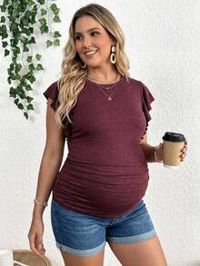 Plussiva Plus Size Maternity Solid Color Casual Versatile Everyday Top Maternity Photoshoot Summer - Burgundy - View 1