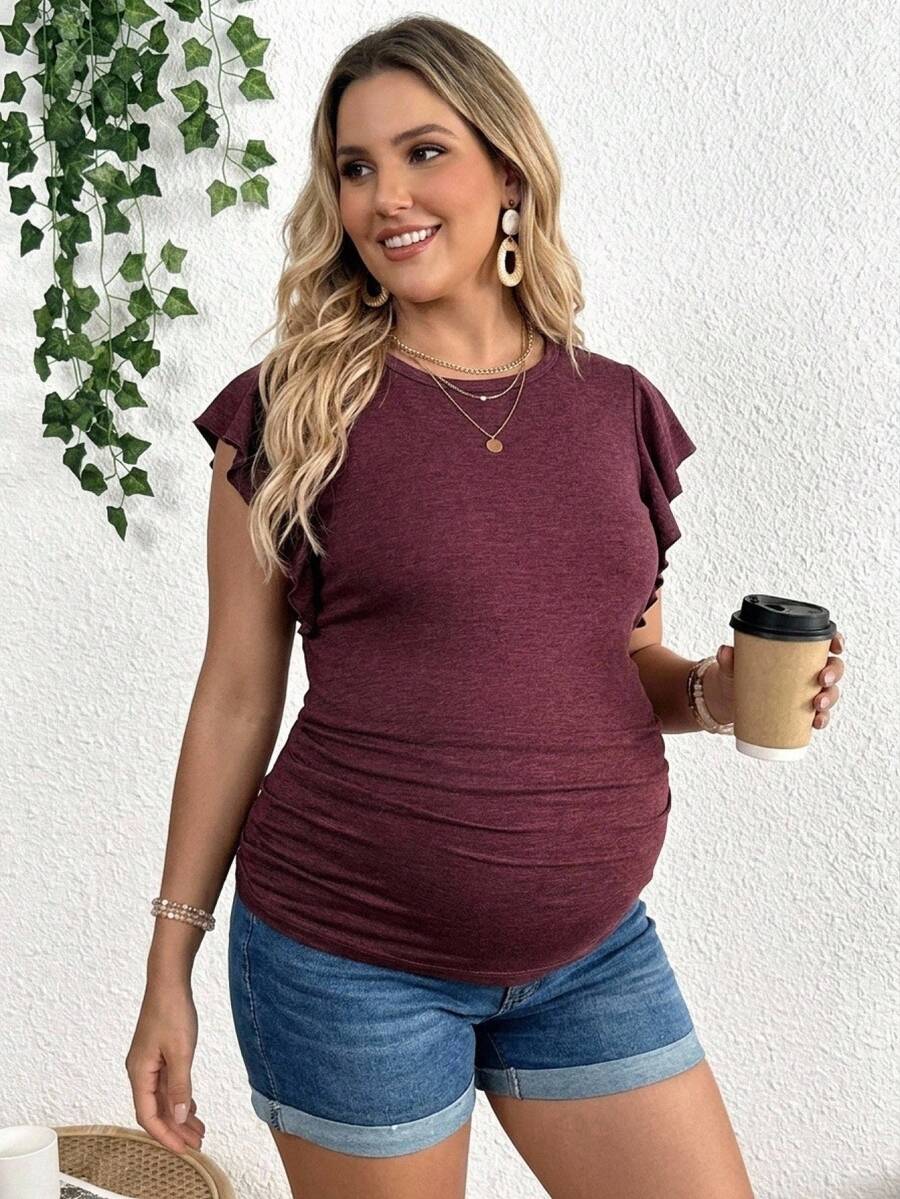 Plussiva Plus Size Maternity Solid Color Casual Versatile Everyday Top Maternity Photoshoot Summer - Burgundy - View 1