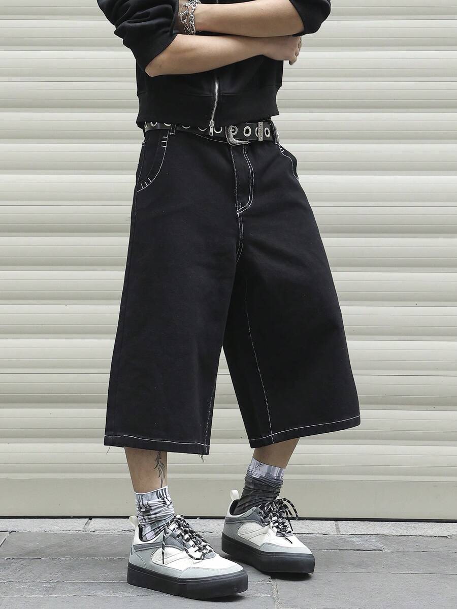Manfinity Hypemode 男士大尺碼寬鬆休閒牛仔短褲,附口袋 - 黑色 - 查看 1