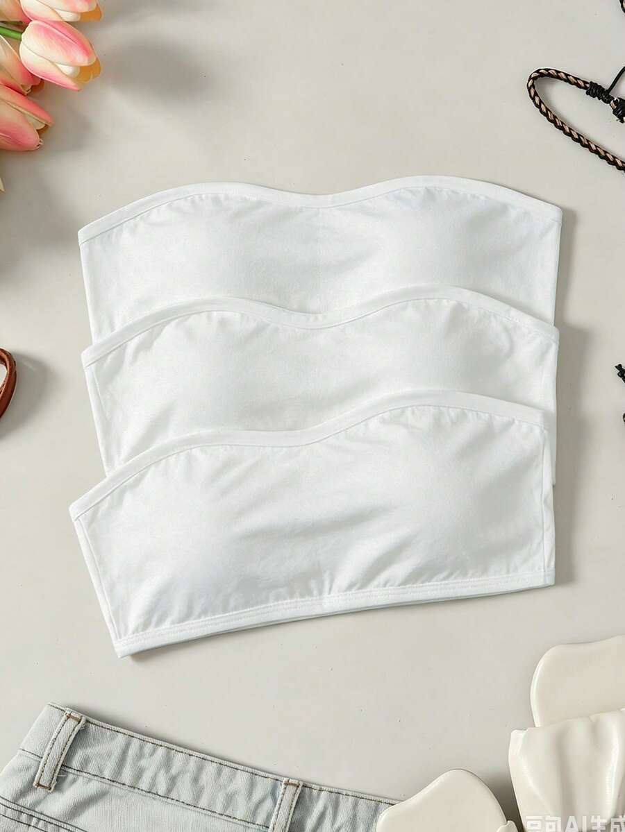 SHEIN Tween女孩簡約舒適親膚加墊抹胸內衣3件組 白色 - 白色 - 查看 1