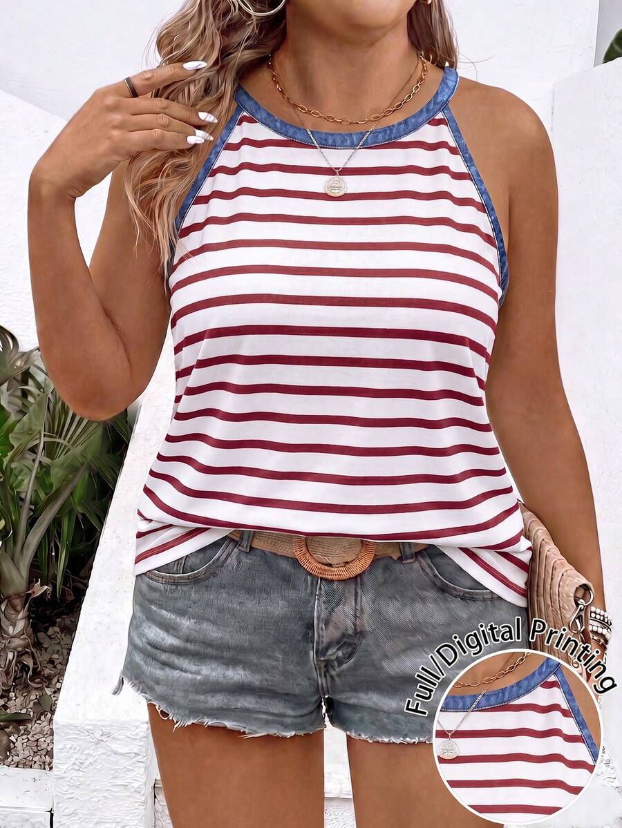 EMERY ROSE Plus Size Women's Faux Denim Print Casual Versatile Striped Halter Neck Tank Top - Multicolor - View 1