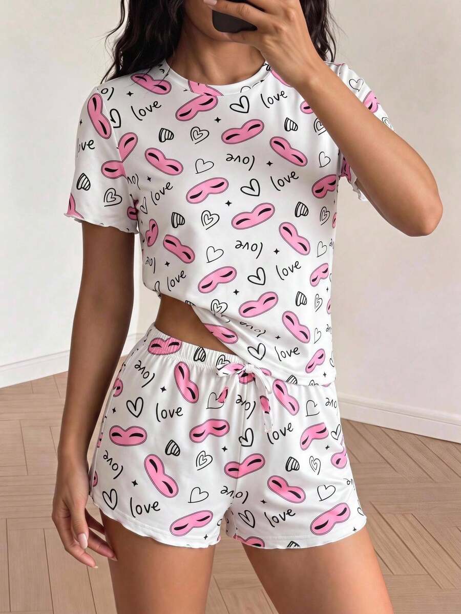 SHEIN 青少年女孩夏季休閒簡約趣味圖案滿版印花短袖T恤與短褲兩件套,居家服套裝,適合春夏日常休閒穿著 - 淺粉色 - 查看 1