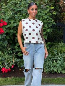 SAYEHFBABY Women's Chic Brown Polka Dot Sleeveless Top Casual Round Neck Summer T-Shirt Tank Cropped Yellow Vacation - Light Yellow - View 4
