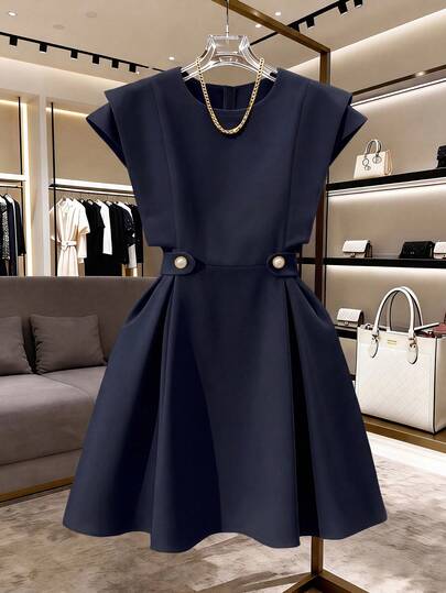 GlowEve CURVE Plus Size Women's Solid Color Round Neck Ruched Casual Party Dress