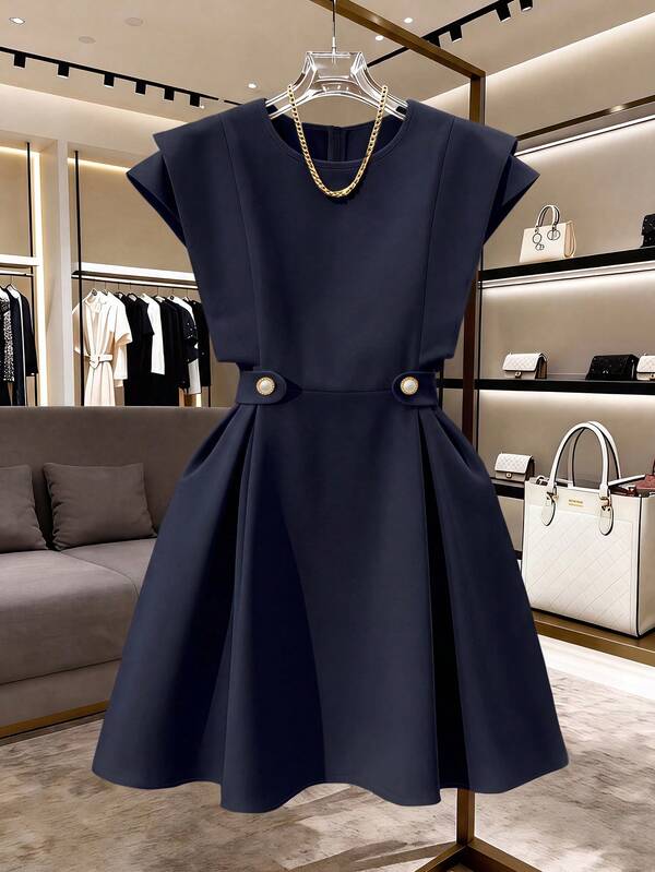 GlowEve CURVE Plus Size Women's Solid Color Round Neck Ruched Casual Party Dress