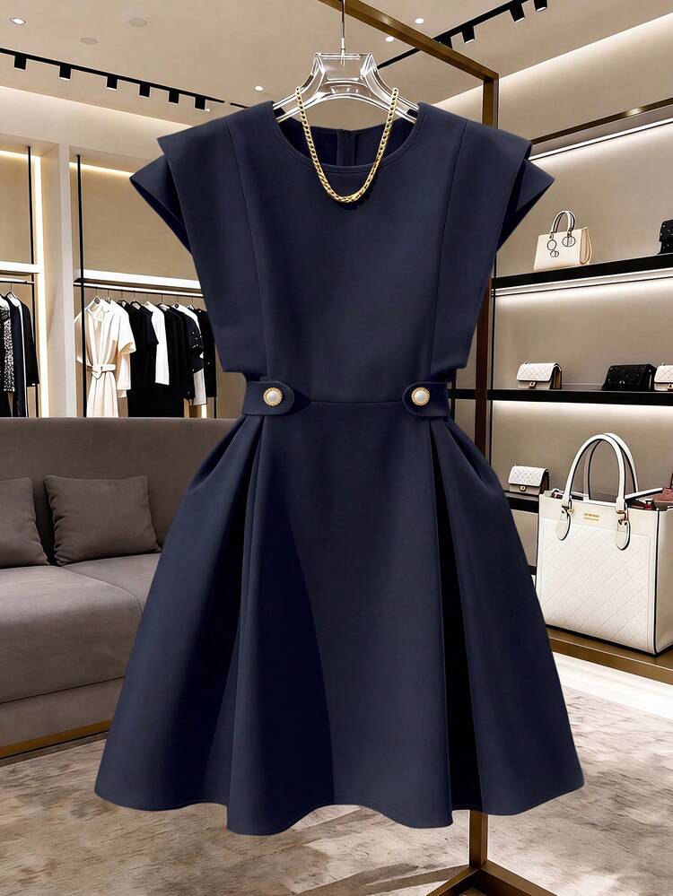GlowEve CURVE Plus Size Women's Solid Color Round Neck Ruched Casual Party Dress - Navy Blue - View 1
