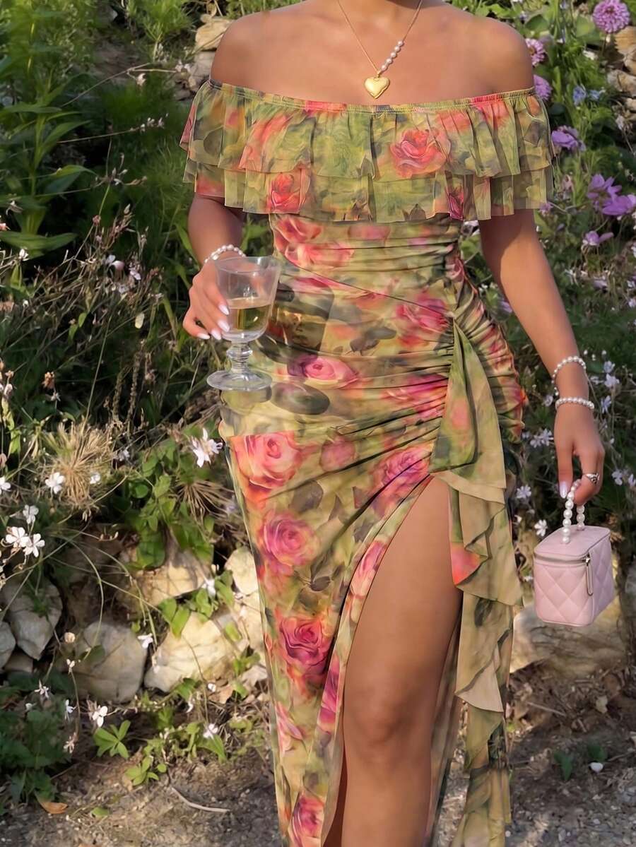Sweetra 休閒優雅極簡法式百褶玫瑰網紗+內裡不對稱下擺抹胸直領收腰顯瘦性感修身中長洋裝 超彈力舒適面料 夏季大尺碼女款綠色多色洋裝 - 彩色 - 查看 1