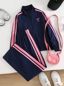 SHEIN 青少年女孩秋季返校休閒可愛日常蝴蝶結拼色拉鍊長袖外套，假日穿搭 - 藏蓝色 - 查看 2