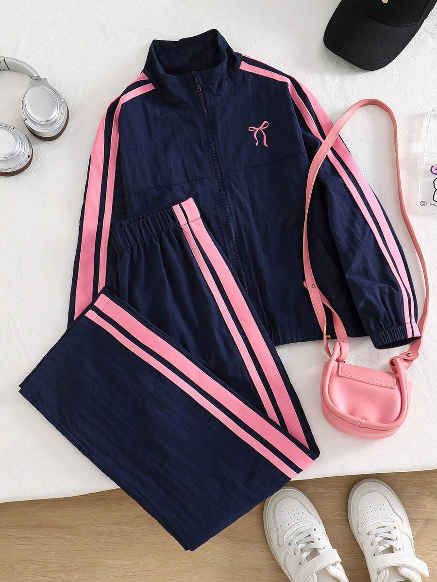 SHEIN 青少年女孩秋季返校休閒可愛日常蝴蝶結拼色拉鍊長袖外套，假日穿搭