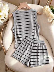 EMERY ROSE Plus Size Women's Black & Gray Striped Round Neck Tank Top And Drawstring Waist Shorts Casual 2-Piece Set, Comfortable For Summer Daily Wear - Multicolor - View 2