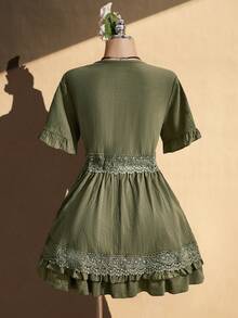 SHEIN ICON Women's Plus Size Lace Patchwork V-Neck Dress Cruise Vacation Olive Green Summer Bohemian Boho - Green - View 2