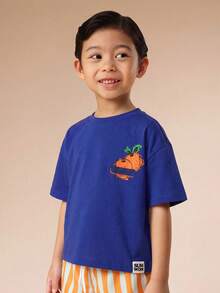 SUMWON Conjunto de verano a juego para niños con camiseta de cuello redondo de manga corta con estampado de frutas cítricas y pantalones cortos a rayas de talla grande - Multicolor - Ver 5