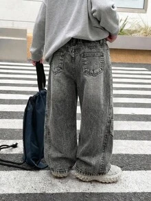 SHEIN 男童 (小號) 灰色寬鬆寬腿牛仔褲，適合日常穿著 - 淺灰色 - 查看 2