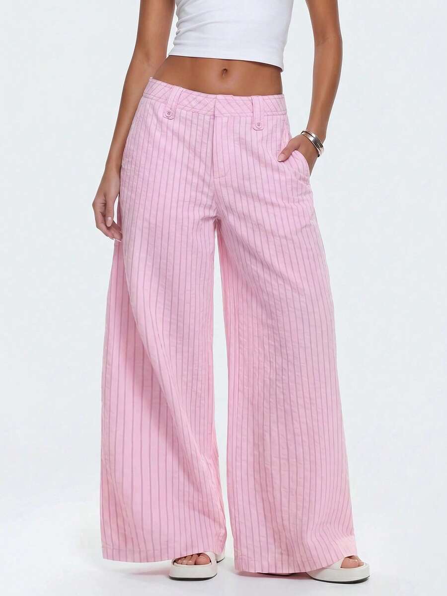 Avantive Women's Casual Commute Striped Low Waist Wide Leg Long Pants - Pink - View 1