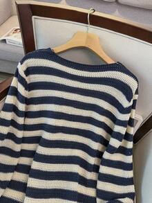 GlowEve CURVE Plus Size Casual Striped V-Neck Long Sleeve Button-Up Cardigan - Blue - View 8