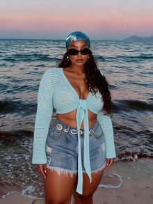 Soleia Women's Plus Size Vacation Long Sleeve Knit Tie-Up Top Beach Vacation Light Purple Autumn Sexy - Green - View 1