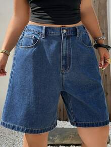 Dazy Plus Summer New Fitted Casual Style Plus Size Women's Spring/Summer Blogger Street Style Versatile Denim Bermuda Shorts - Dark Wash - View 7