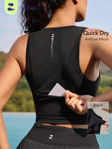 OutZeal Gym Top Women Sports Black Bra Gym Workout Quick Dry Mesh Panel With Pocket Summer Tee Tank Active Top - Black - View 10