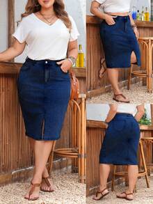 EMERY ROSE Plus Size Women's Casual Denim Skirt With Pockets And Split Hem Date Night Formal Navy Blue Summer - Blue - View 1